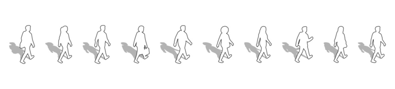 Walking People Outline Vector Set, Side Elevation Thin Line Pedestrian Figures for Architectural Documentation, Urban Scene Design, Minimalist Wireframe Style