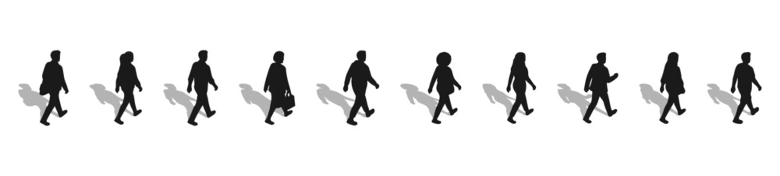 Walking People Silhouette Vector Set, Side Elevation Solid Black Pedestrian Figures for Architectural Plans, Urban Scene Design, Flat Minimal Style