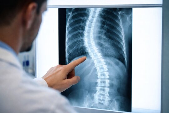 Close-up of a physician pointing at a spine radiograph showing spinal deformity on a monitor. Modern diagnostic healthcare concept in a hospital setting.
