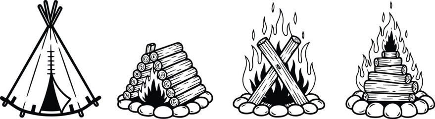 Fototapeta premium Hand drawn illustrations of tents and campfires in a row