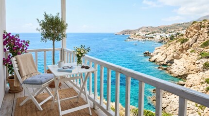Obraz premium Idyllic balcony view overlooking a Mediterranean village and turquoise sea