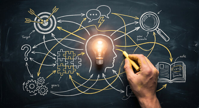 Concept of a complex mind map with icons and formulas on a blackboard, centered on a glowing lightbulb head outline