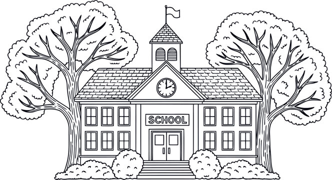Classic school building illustration with trees and clock tower