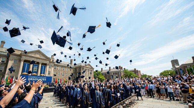 Graduation caps fly into the air celebrating the class of 2024 at university