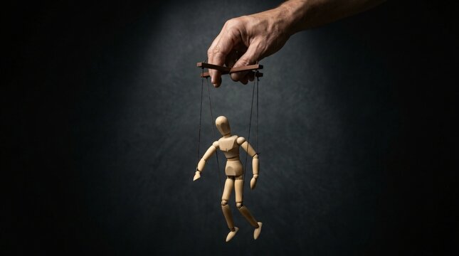 Wooden marionette puppet controlled by human hand against dark background concept of manipulation control and lack of freedom