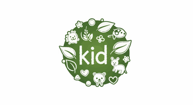 Whimsical green circle with white outline drawings of animals and plants