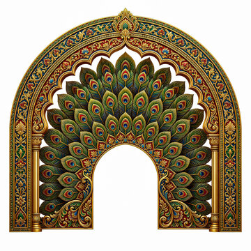 An ornate golden archway features a detailed peacock feather design at its center creating a regal and artistic gateway high quality