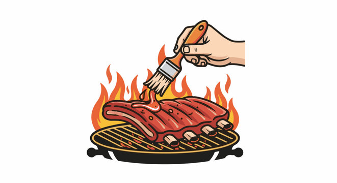 Hand bastes ribs cooking on a grill with flames