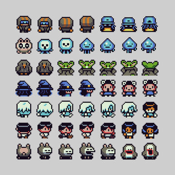 Colorful pixel art character set in retro 8-bit style, fantasy heroes, professions, creatures and NPC avatars for RPG games, UI design, profile icons and game assets.