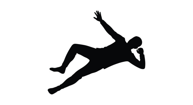 A dynamic black silhouette of a person in a dramatic pose seemingly falling or gesturing emphatically silhouette
