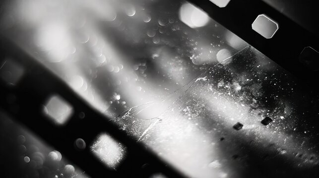 A vintage film strip marked with scratches and dust. The light shines through the film, creating a unique texture. Elements from the past are present in this moment