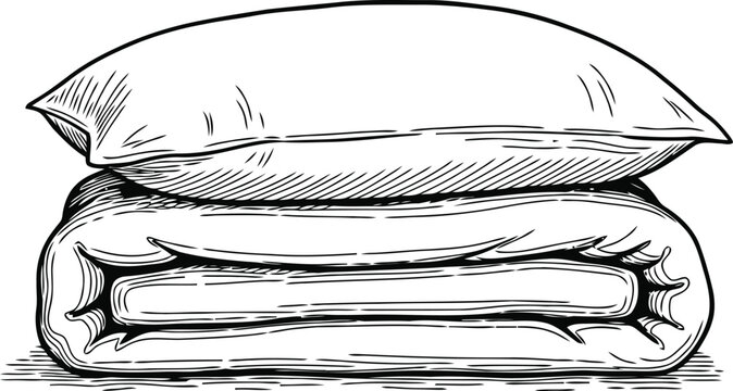 Hand drawn sketch of a pillow and folded duvet