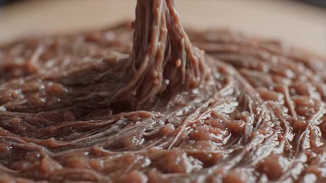 Close up of fermentation process of red bean paste, a traditional East Asian ingredient, revealing its unique texture