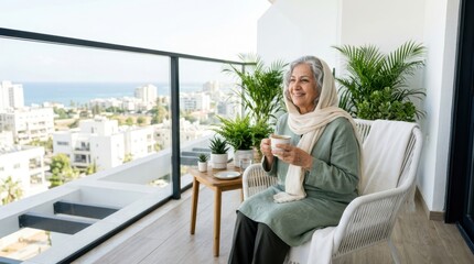 Obraz premium Elderly woman enjoying coffee on a balcony with a city and sea view