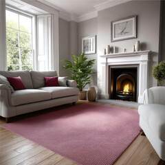Obraz premium Bright living room with fireplace, large window, white sofa, pink rug, indoor plant, wooden floor, cozy and inviting atmosphere