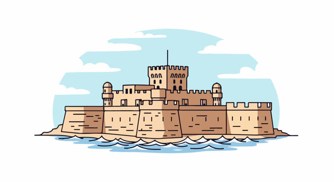 Illustration of a sand-colored fortified structure on the water's edge under a sky