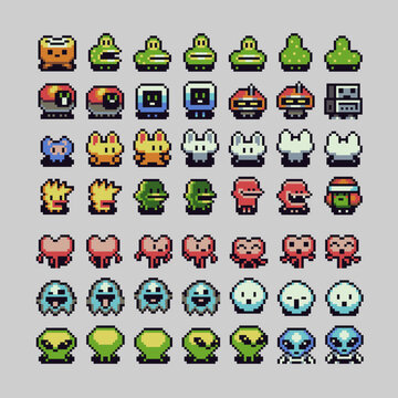 Cute pixel art avatar set in retro 8-bit style featuring diverse characters, creatures and professions, faces for RPG games, UI avatars, NPC systems and game interface design.