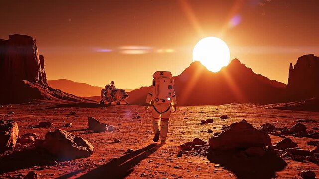 Astronaut walking into orange Martian landscape alone concept. Astronaut exploring red rocky Martian landscape with sun setting behind mountains and rover in background