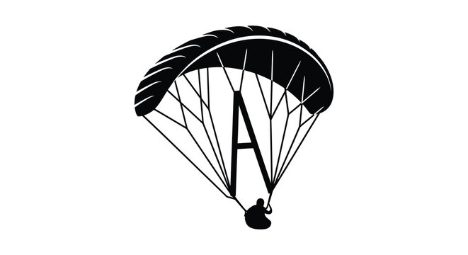 A striking black graphic depicts a paraglider in flight with a person suspended below silhouette high quality professional