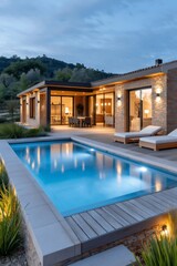 Fototapeta premium Modern luxury villa with infinity pool at dusk