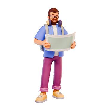 3D stylized bearded man traveler with backpack stands and holding a map, looks at the route