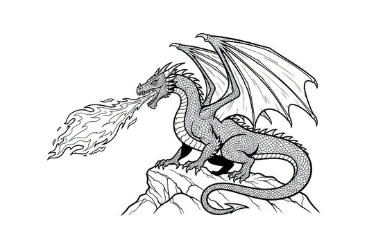 Dragon perched on rock breathing fire, detailed line art for coloring book