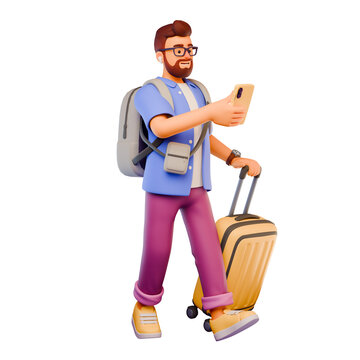 3D stylized bearded male traveler in casual clothes with luggage and walks and looks at smartphone