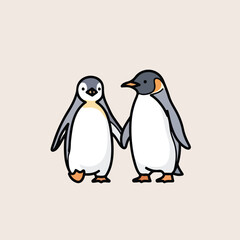 Naklejka premium A cute, flat-style illustration of two cartoon penguins holding flippers together