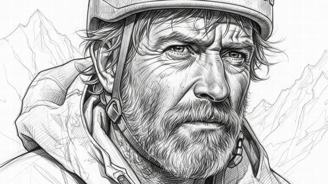 Intrepid Climber's Gaze: A rugged climber with a determined expression, eyes fixed on the distant peaks, embodies resilience and unwavering resolve amidst the majesty of the mountains.