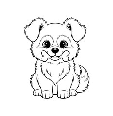 Obraz premium Adorable fluffy puppy holding a bone in its mouth, with big eyes and a sweet, innocent expression