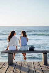 Fototapeta premium Women friends sitting on pier bench discussing with ocean view