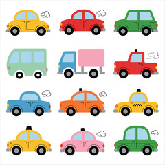 Fototapeta premium Collection of Colorful Cartoon Vehicles with Smoke for Childrens Transportation Themes
