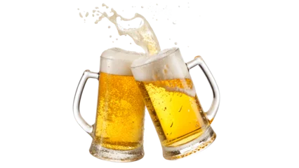 Fotobehang Bar Two beer mugs clinking together with foam and bubbles isolated on transparent background  © Hanna