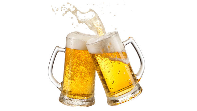 Two beer mugs clinking together with foam and bubbles isolated on transparent background