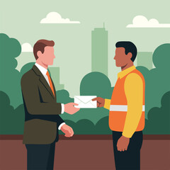 Fototapeta premium A businessman in a suit hands a white envelope to a worker in a safety vest
