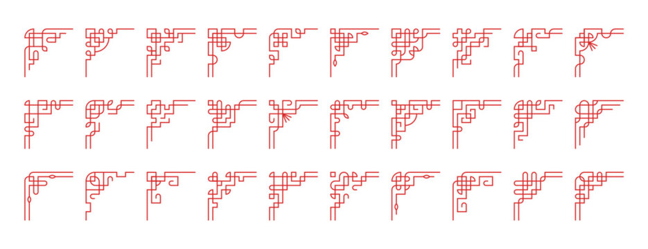 Vector set of chinese corners. Red japanese border frames design, asian vintage ornaments isolated on white background. Traditional korean decorative divider, japan ancient line art culture decoration