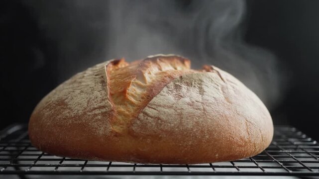 Freshly baked sourdough bread cooling on metal rack with steam rising