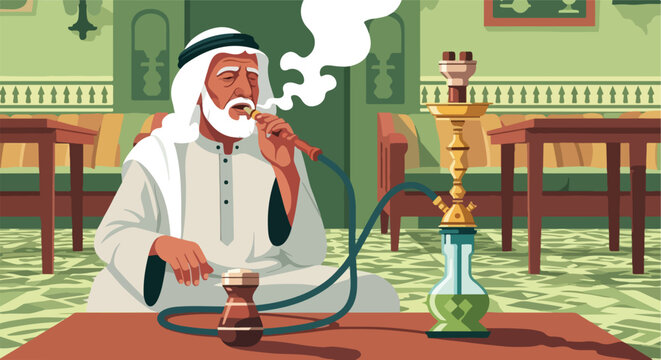 An elderly man in traditional Middle Eastern clothing smokes a hookah in a cafe