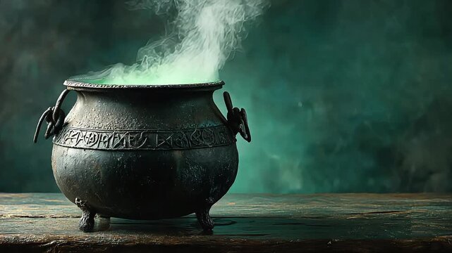 An old cauldron emitting mystical smoke creates an enchanting and mysterious atmosphere, perfect for fantasy, magic, or creating a sense of wonder.