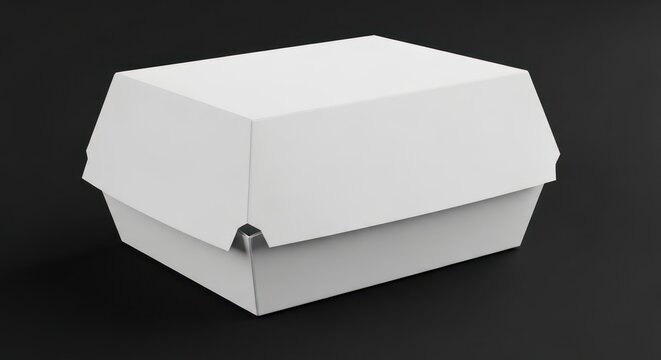 Blank white burger box on dark background, food packaging mockup for fast food branding, takeout container template