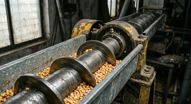 Agricultural screw conveyor processing yellow corn kernels through a weathered steel trough for bulk grain transport