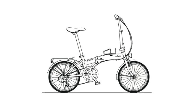 A sleek, black and white line drawing of a folding bicycle, showcasing its unique curved frame and compact design on World Bicycle Day