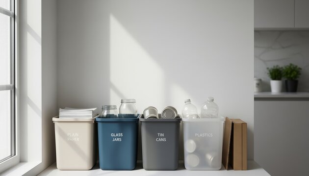 Recycling bins labeled for paper, glass jars, tin cans, and plastics positioned near a window in a modern kitchen with natural light illuminating the scene