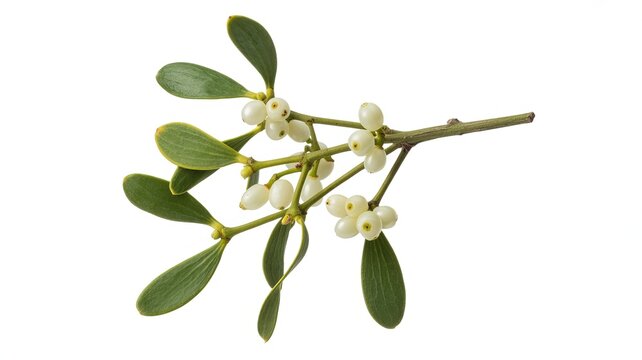 A sprig of mistletoe with green leaves and white berries on a white background plant branch stem
