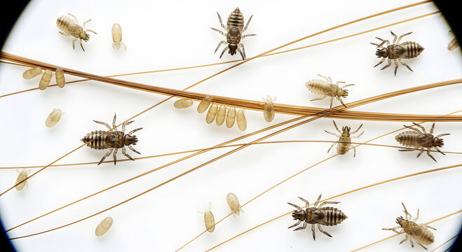Macro view of head lice and nits on human hair strands image