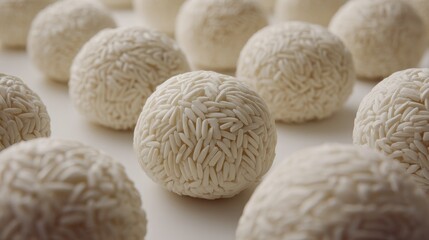 Fototapeta premium White Rice Balls on a Soft Surface with Textured Patterns and Shadows