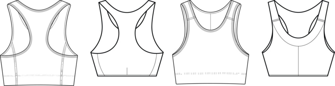Women sports bra set, athletic crop tops with racerback and scoop neck, front and back views &ndash; vector illustration