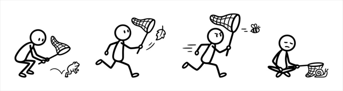 A man chases a butterfly with a net, illustration showing progression of motion