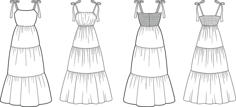 Women tiered maxi dress set, sleeveless summer dresses with tie straps and smocked bodice, front views &ndash; vector illustration
