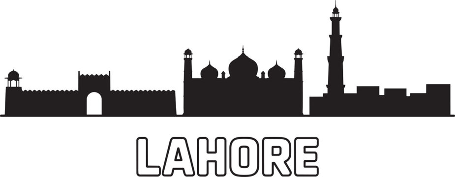 Lahore skyline silhouette with iconic buildings, Pakistan for fort and mosque